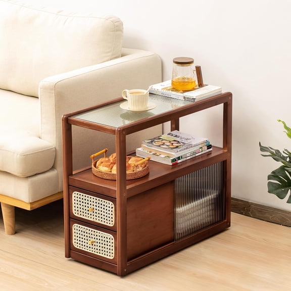 End Table Brown Bohemian Wooden End Table With Glass Top And Rattan