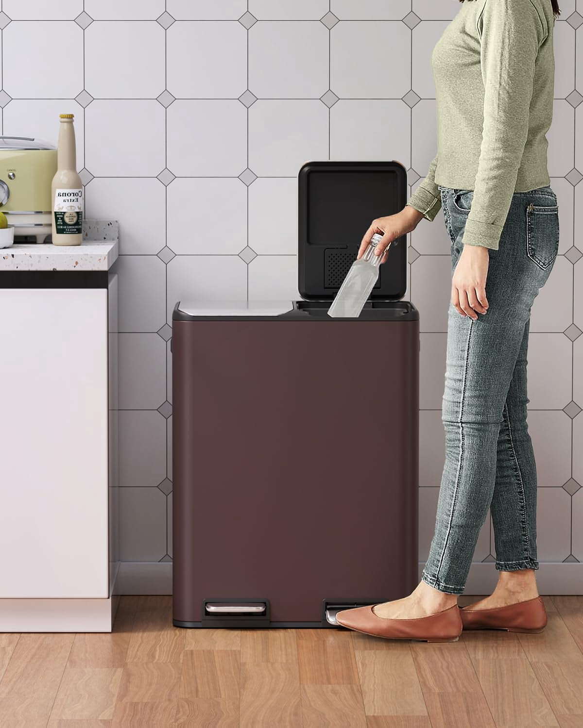 LAZY BUDDY 16 Gallon Kitchen Trash Can with Dual Compartments, Stainless Steel Recycling Garbage Bin with Inner Buckets, 2 Built-in Box for Odor Control