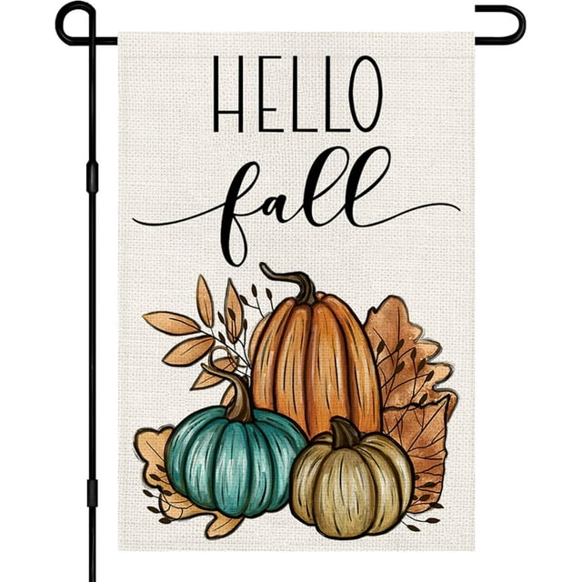 Hello Fall Garden Flag Burlap 12x18 Inch Double Sided, Pumpkin Autumn Thanksgiving Small Sign Yard Outside Decoration DF333