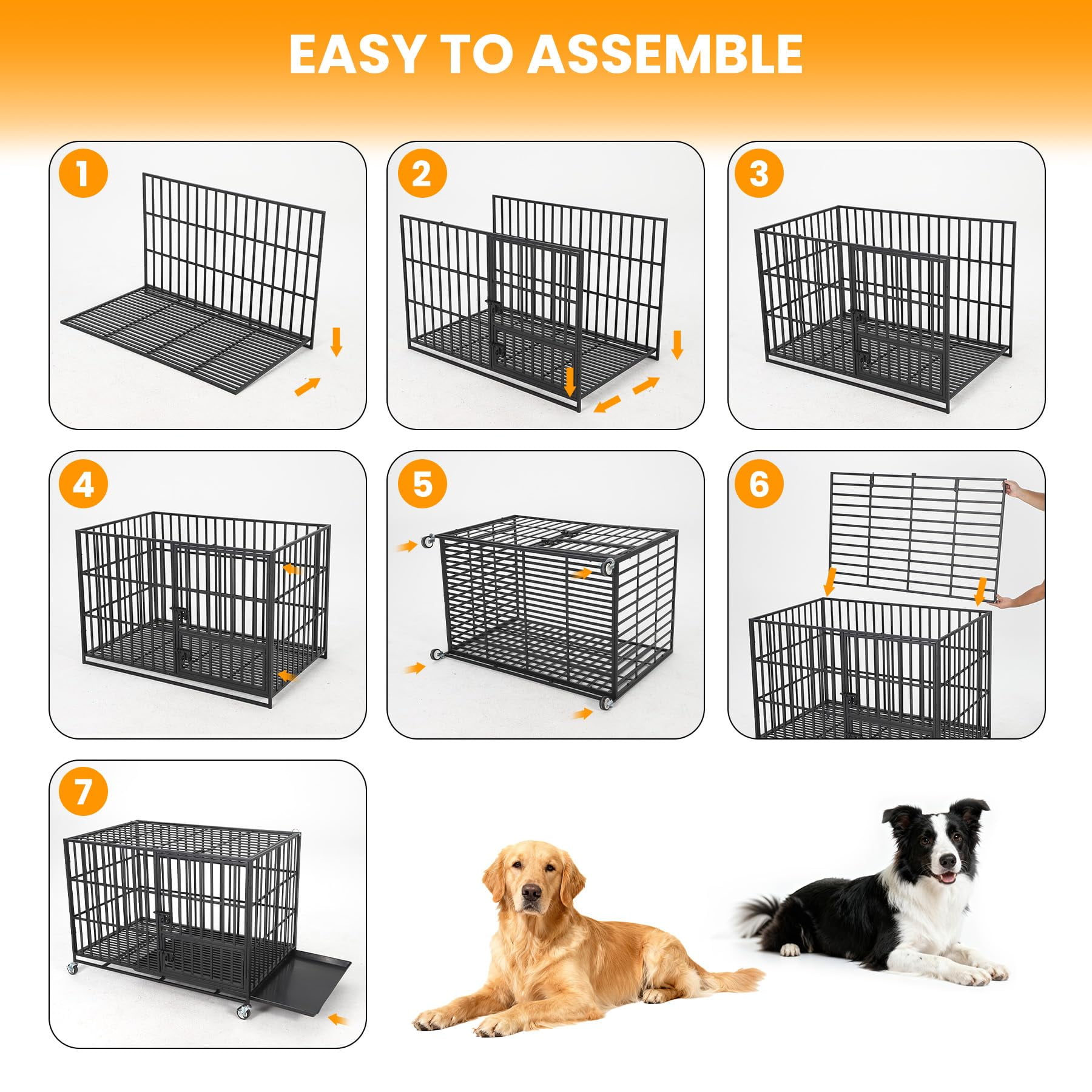 Heavy Duty Escape-Proof Metal Dog Crate for Medium/Large Dogs, 3 Doors with Removable Tray, Locking Wheels, Secure Indoor Outdoor Kennel, Black, 49.2"L x 31.5"W x 36.2"H