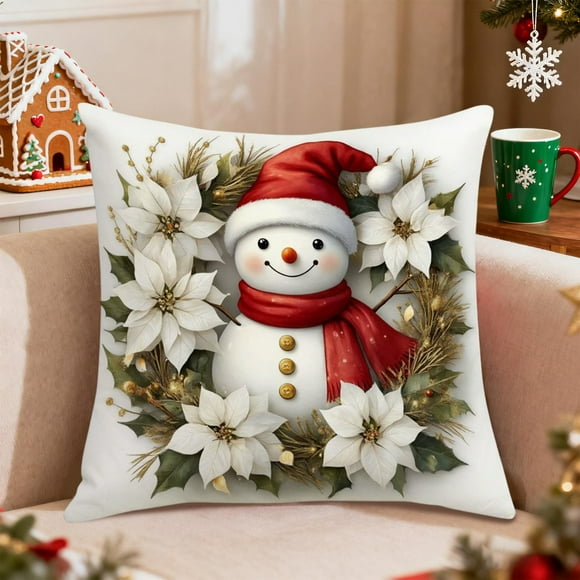 QIPOPIQ Linen Plush Cartoon Snowman Print Pillowcase, Christmas Decorative Pillow Pillowcase (Without Pillow core)