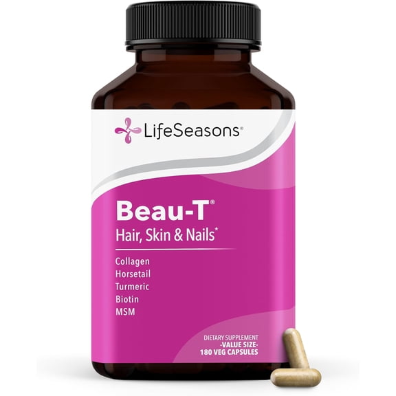 LifeSeasons Beau-T - Hair, Nail, & Skin Supplement - Promotes Healthy Hair and Nail Growth - Supports Clear Skin & Fights Acne - Nail Strengthener - Contains Biotin Collagen Turmeric - 180 Capsules
