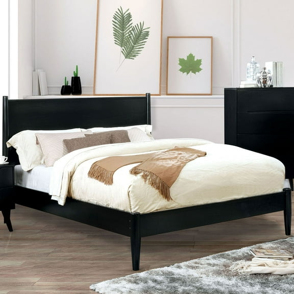 Transitional Mid-Century Modern 1pc Eastern King Size Bed Platform Style Bedframe Slats Black Solid wood Tapered Legs Bedroom