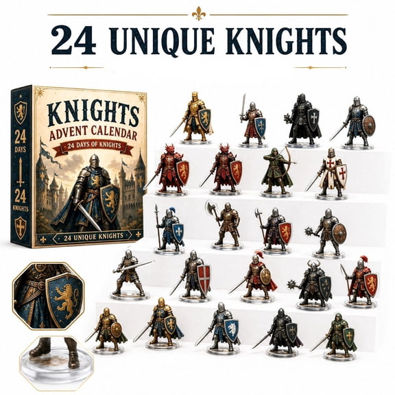Advent Calendar with 24 Unique Knight Action Figures, Set of 24 Miniature Figurines, Medieval Knight Design, for Boys and Kids Christmas Countdown, Collectible Toys