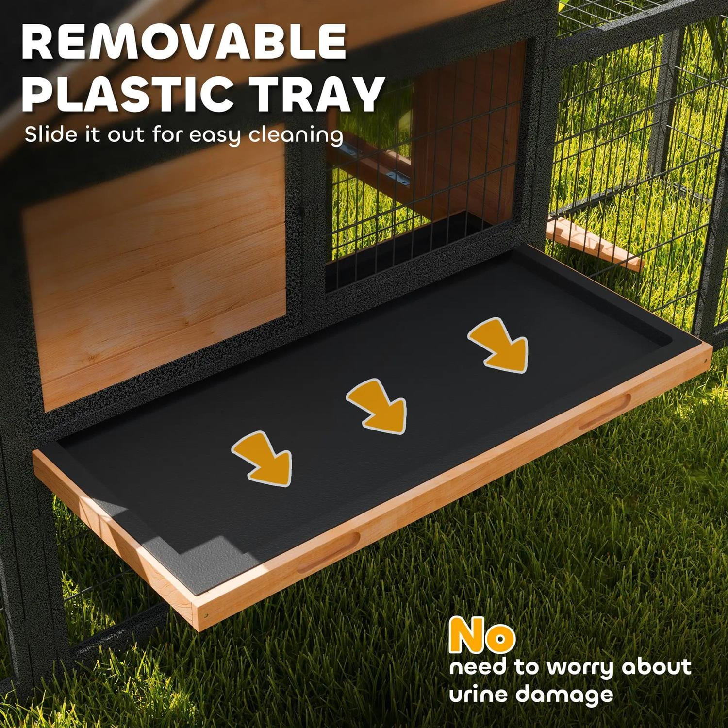 Pefilos 85" Wood Rabbit Hutch, Guinea Pig Cage with Removable Plastic Tray, Asphalt Roof, Bunny House for Small Animals Outdoor Indoor, Yellow