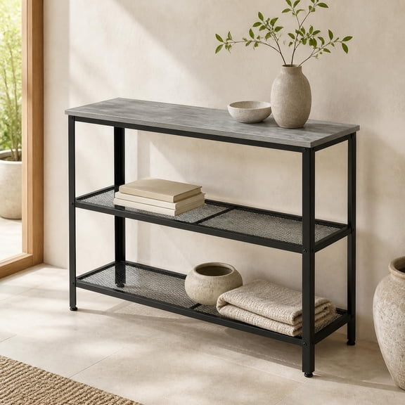 40" 3-Tier Console Table, Industrial Entryway Sofa Table with 2 Mesh Storage Shelves, Narrow Rustic Accent Table for Living Room Hallway Office,Gray