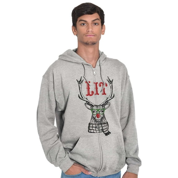 Funny Christmas Hipster Reindeer Lit Unisex Fleece Graphic Zip Up Hoodie Brisco Brands 2X