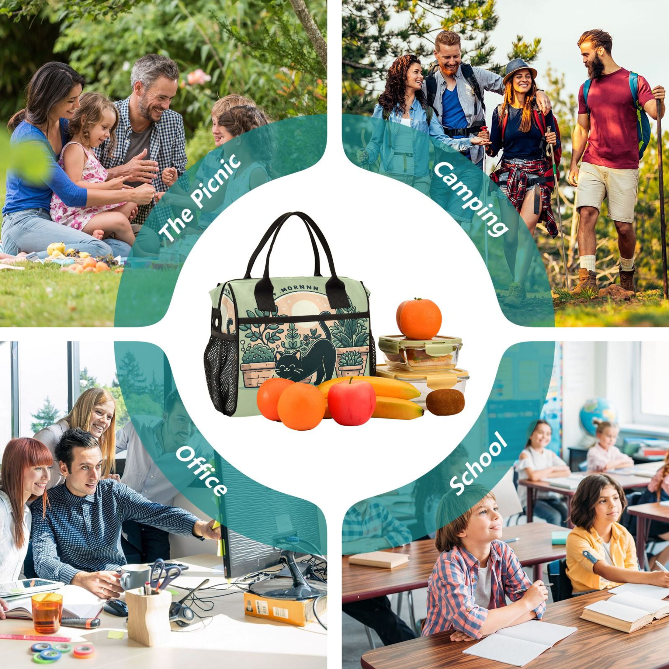 ALAZA Morning Black Cat Insulated Lunch Bag Reusable Tote Box Adjustable Shoulder Strap for Work Picnic