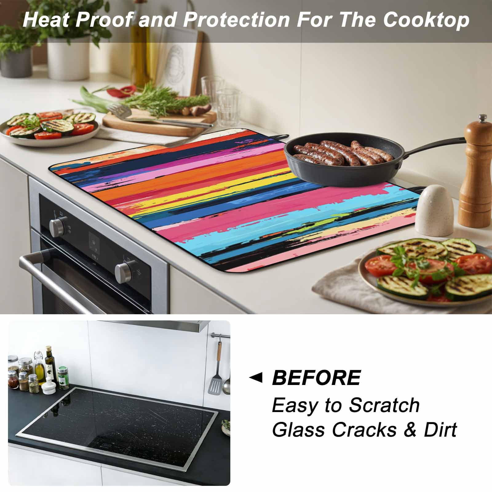 Colorful Striped Stove Top Cover for Electric Stove, Heat-proof & Non Slip Glass Top Stove Cover Protector, Modern Rainbow Abstract Graffiti Art Kitchen Flat Cooktop Rubber Mat 24x21 Inches