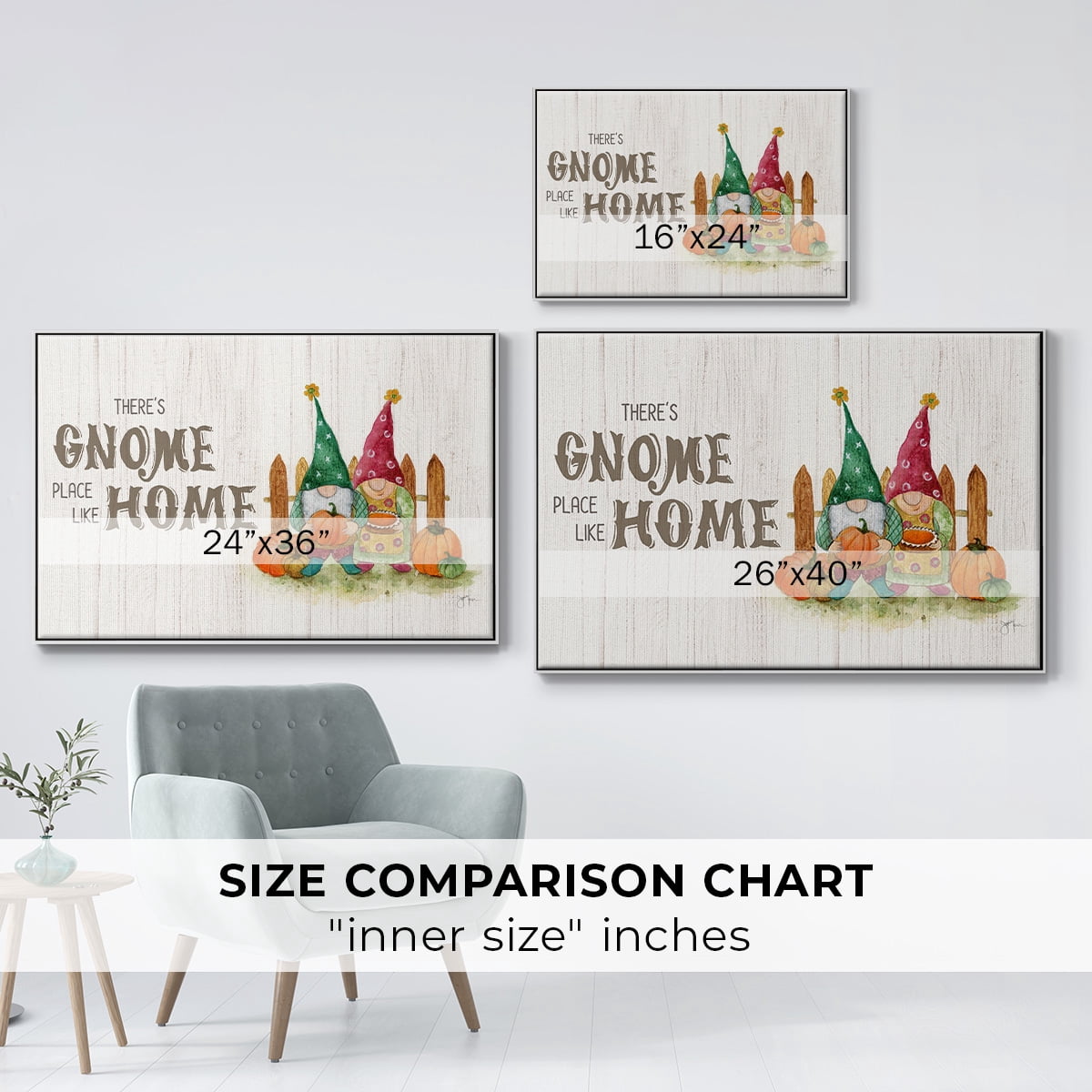 Gnome Place Like Home - Framed Gallery Wrapped Holiday Canvas - 17 x 25 - White Frame
