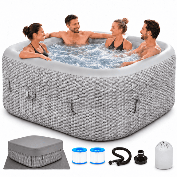 Inflatable Hot Tub, 73" Square 4-6 Person Outdoor Spa, 130 Bubble Jets, 1350W Heating to 104°F, 240 Gal, Rattan-Style Reinforced PVC, Cover & Filter