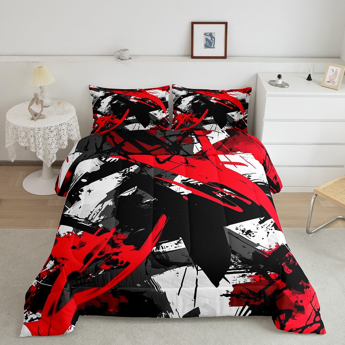 Manfei Black Red Stipes Comforter Sets Queen Size, Abstract Geometric Down Comforter, Teenager Adult Reversible Bedding Queen Comforter Set, Lightweight Room Decoration, 3pcs