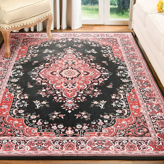 TWINNIS Area Rug Flowers Boho Design Rug for Living Room,Bedroom,4'x6',Red