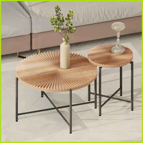 2-Piece Coffee & End Table Set, Radial Pattern MDF/PVC, Black Legs – Rustic Charm for Living Room