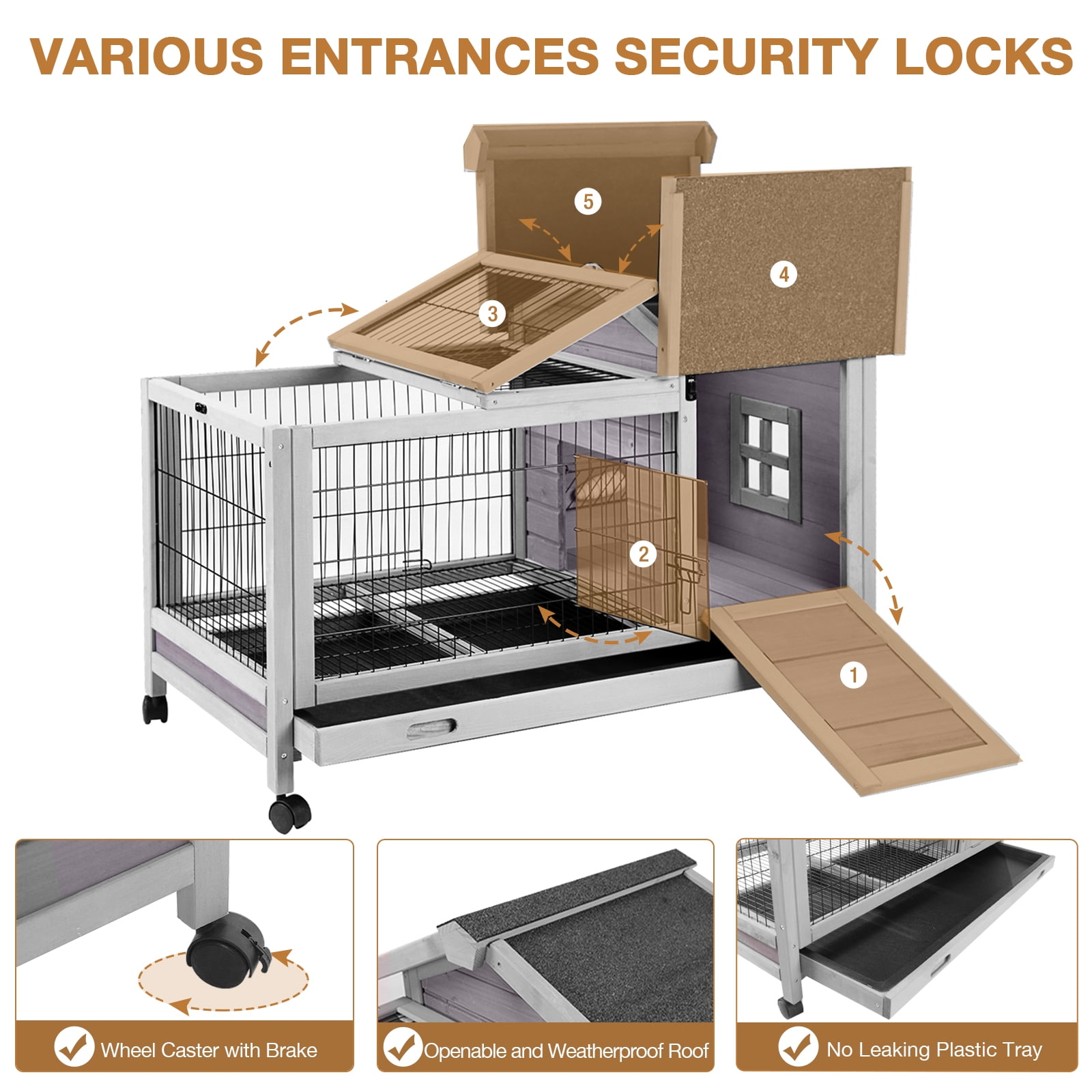 MEDEHOO Rabbit Cage with Wheels Bunny Hutch w/ Leak-Proof Tray, Rabbit Hutch for Outdoor and Indoor with Rest and Activity Area