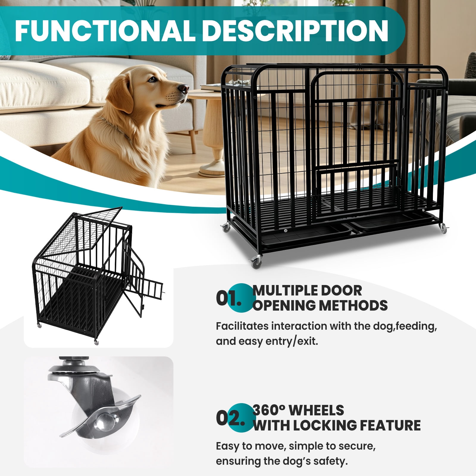 Heavy Duty 42 Inch Dog Crate Cage, Easy to Clean, Dog Kennel with 4 Lockable Wheels, Dog Crates for Indoor Outdoor Pet Housing