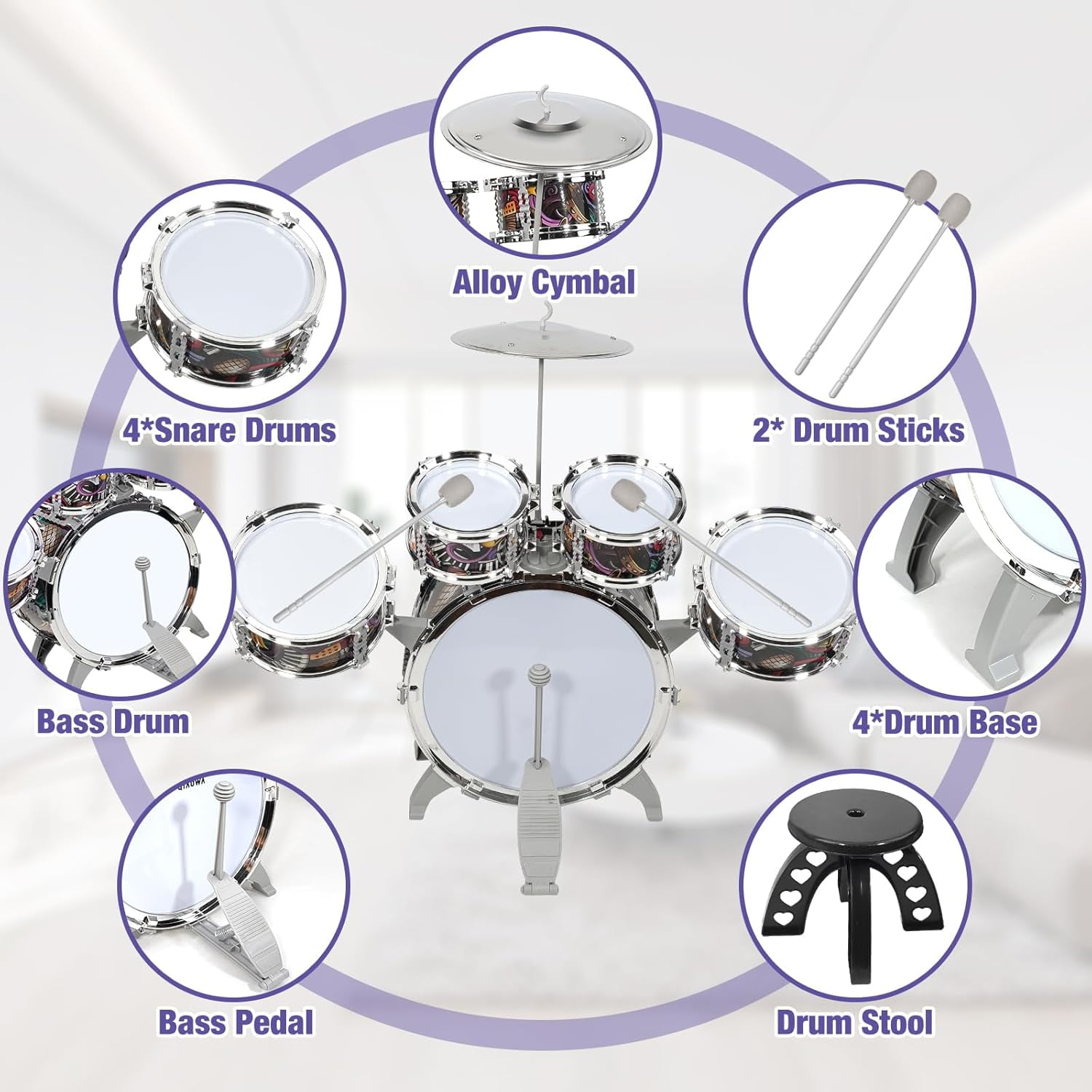 Kids Toddlers Drum Set with 5 Piece High Mini Musical Jazz Drum Kit for Beginners Kids Musical Instruments Toys Gifts for Age 3 4 5 6 7 8 9 10 11 12 Year Old Boys Girls Baby Children