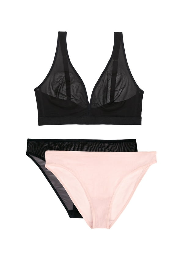 Women's Sheer Mesh Plunge Bralette and Matching 2 Pack High Leg Brief Panty Set, SA1518