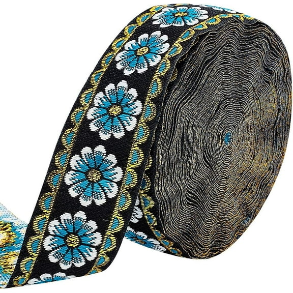 10 Yards Jacquard Trim Ribbon 1.3 Inch Flower Fabric Trim Fringe Polyester Woven Fabric Trim for DIY Sewing Crafting Embellishments Clothing Home Decor Gift Wrapping Blue Polyester