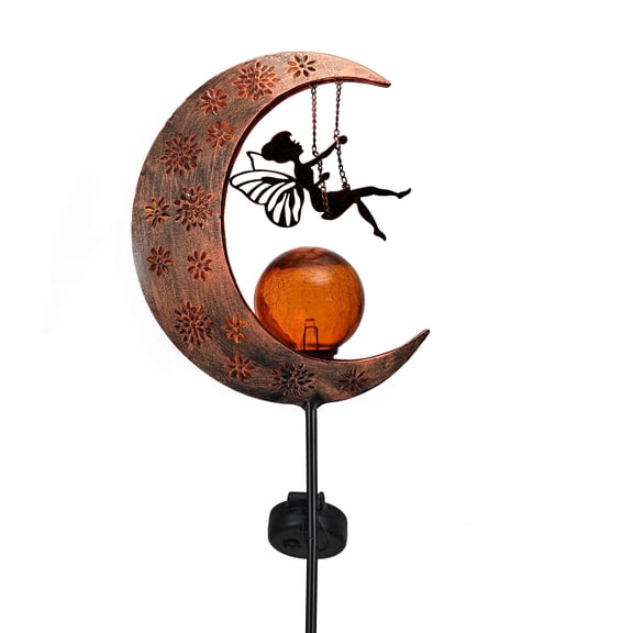 TERESA'S COLLECTIONS 39" Moon Fairy Solar Garden Light, Metal Crackle Glass Stake, Yard Art for Patio Lawn