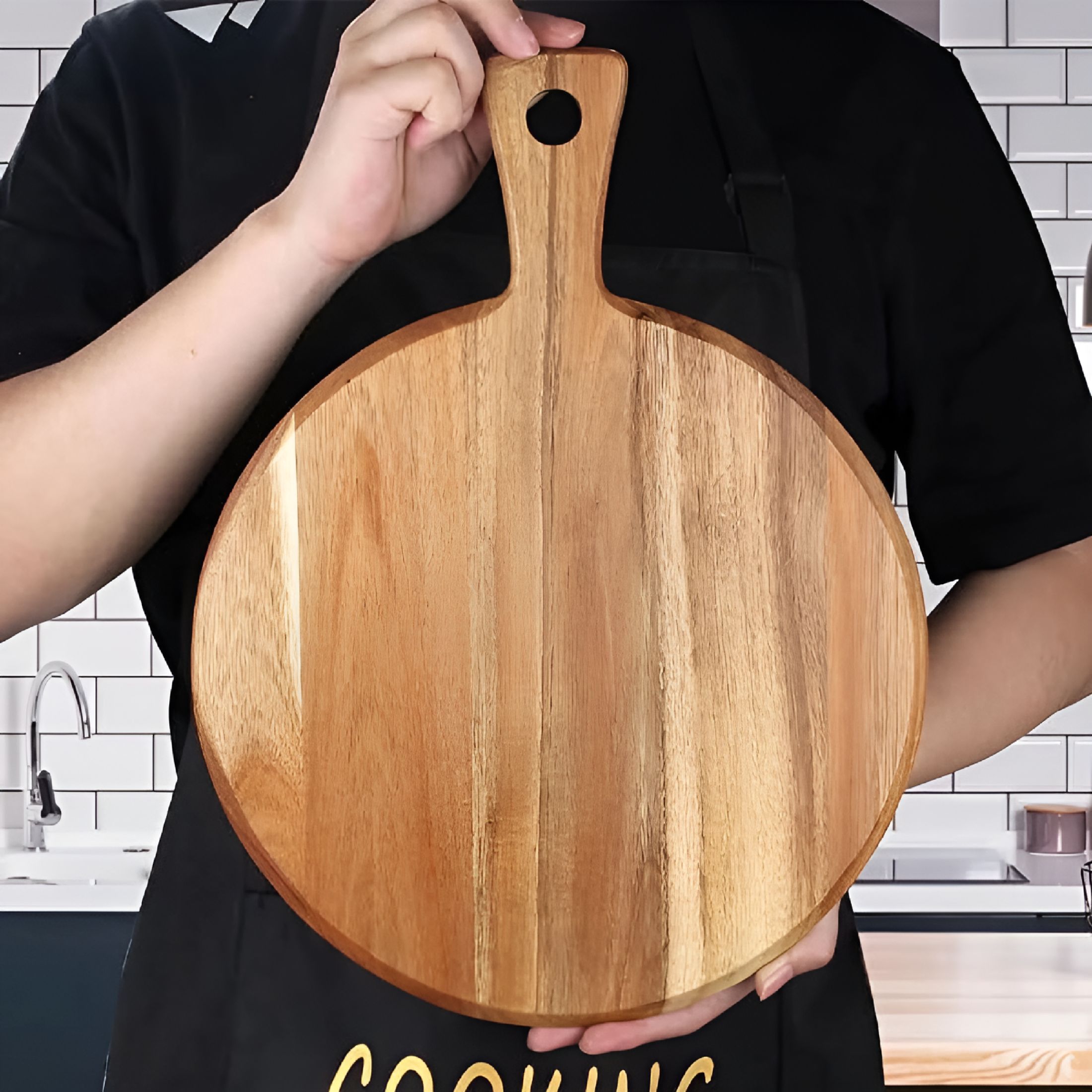 ACDANC 2026 New Acacia Wood Cutting Board with Handle,Wooden Chopping Board,Round Paddle Cutting Board for Meat,Bread,Serving Board,Charcuterie Board,Circular Carving Cutting Board