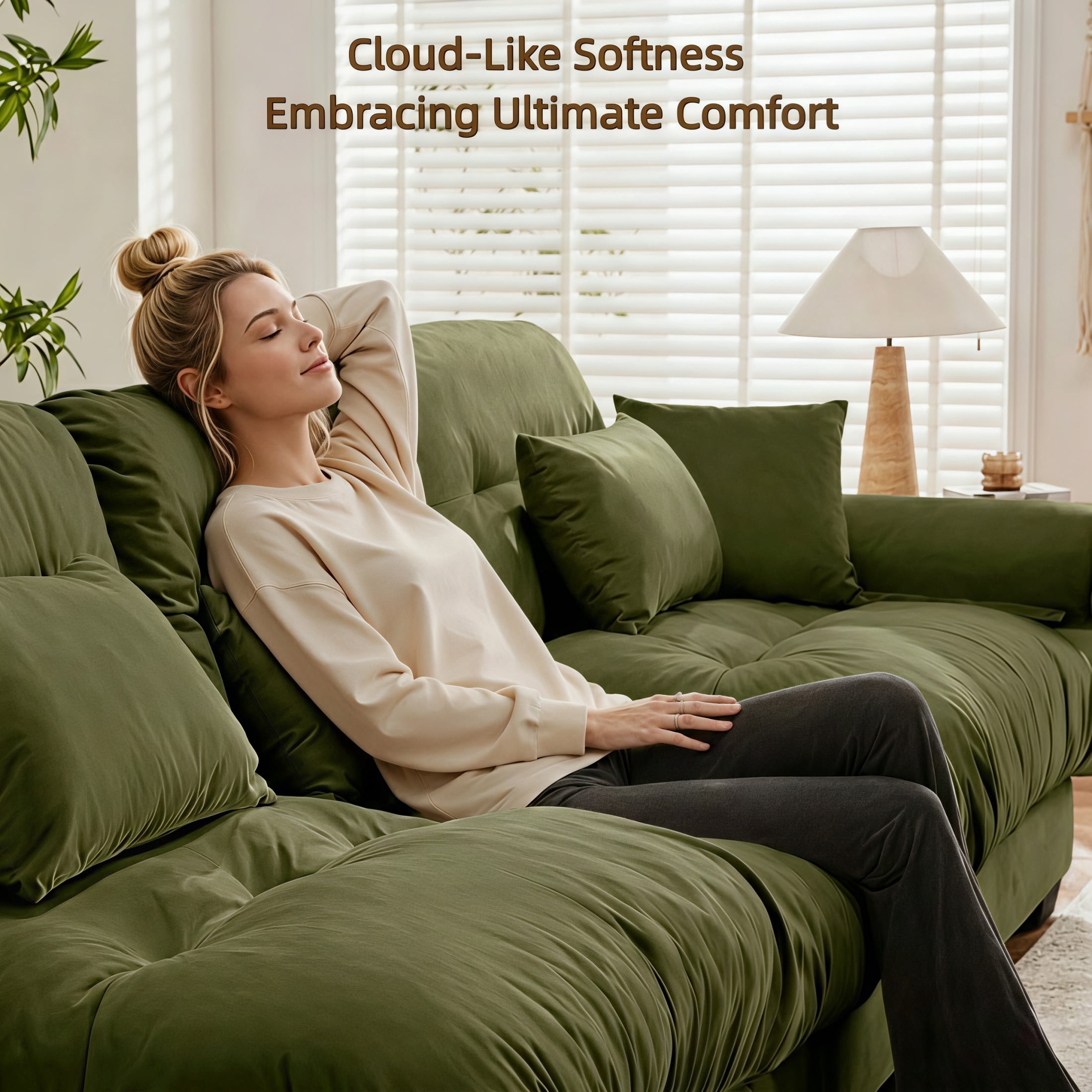 Amuille 130" Modular Sectional Sofa Velvet Cloud Couch, 3-Seat Deep Seat Couch for Living Room, With Waist Pillows and Throw Pillows, Olive Green