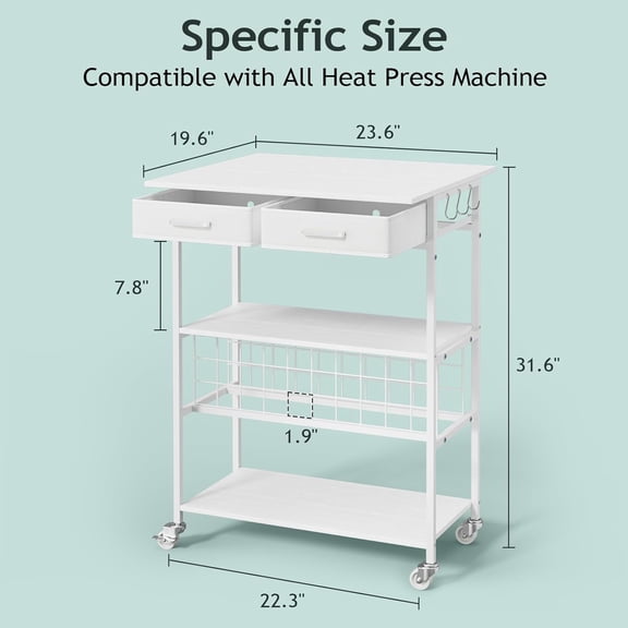 Movable Heat Press Table - Heat Transfer Machine Stand Compatible for Cricut, Vinyl Roll Holder, Rolling Metal Wood Sublimation Printer Organizer for T Shirt Maker Craft, 23.6''×19.6''