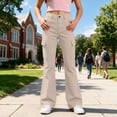 thumbnail image 6 of XINXIAOO School Uniform Pants for Girls Formal Flare Leg Cargo Pants Pull On Chino Elastic Waist with Pockets Girls Beige Uniform Pants Preppy Clothes 13-14 Years, 6 of 7