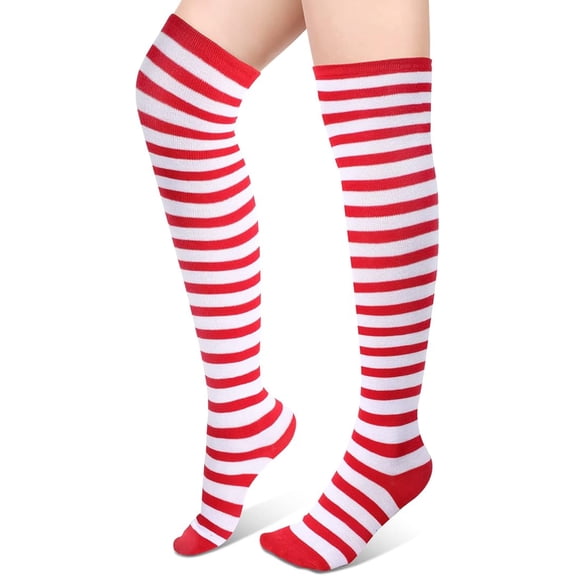 Oecoator Striped Thigh High Socks Elastic Over The Knee Knit Stockings for Halloween Christmas Daily and Cosplay