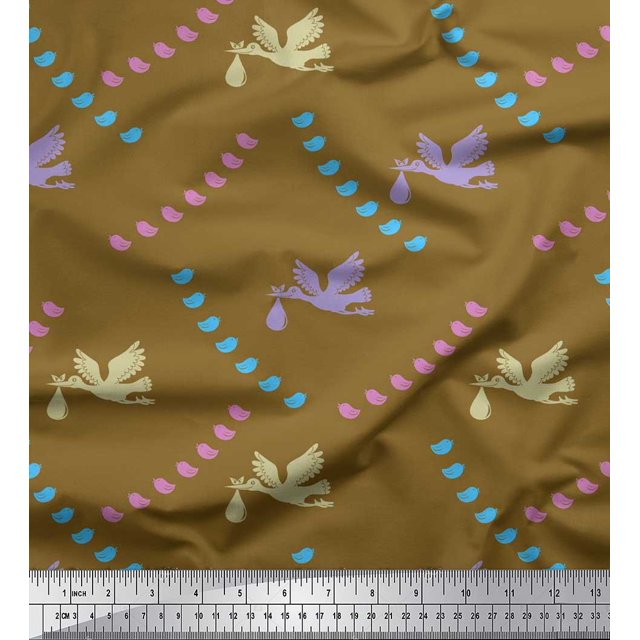 Soimoi Poly Georgette Fabric Small Bird,Fish & Heron Bird Printed Fabric 1 Yard 42 Inch Wide