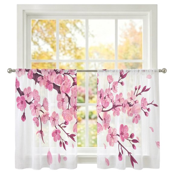 Cherry Blossom Sheer Curtains 45 Inch Long 2 Panels Spring Pink Flower Floral Plant Pastoral Light Filtering Rod Pocket Curtains, Sheer Voile Drapes for Living Room Bedroom 52"x45"