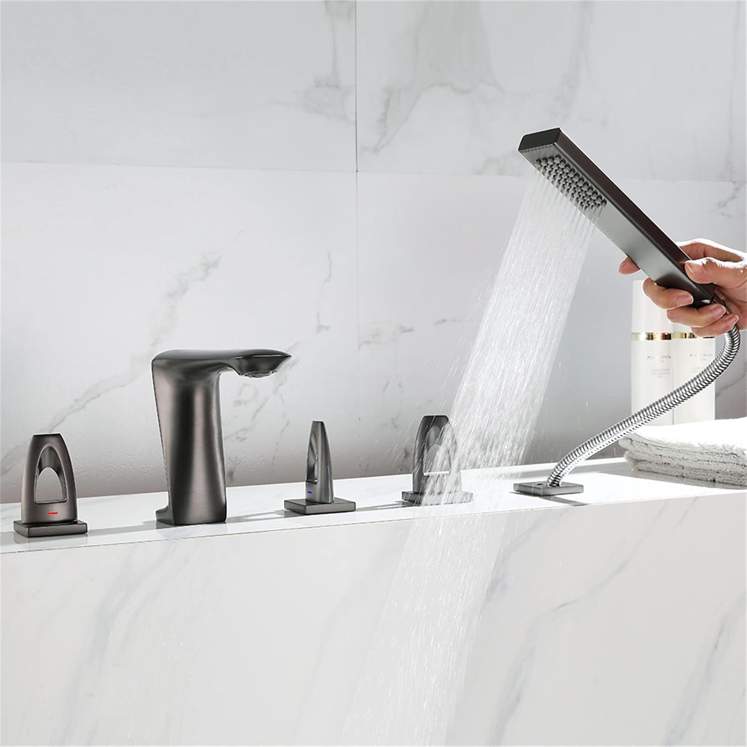 Bathtub Faucet, 5pc Deck Mounted Bath Shower Set Brass Hand Shower Basin Mixer Tap Widespread Tub Sink Faucet