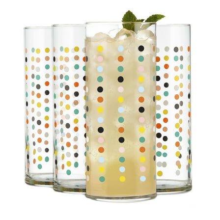 Libbey Vintage Dots Drinking Glasses Set of 4, Colorful, Retro Polka Dot Design Glass Cups Set, Dishwasher Safe Water Glasses Set for Beverages