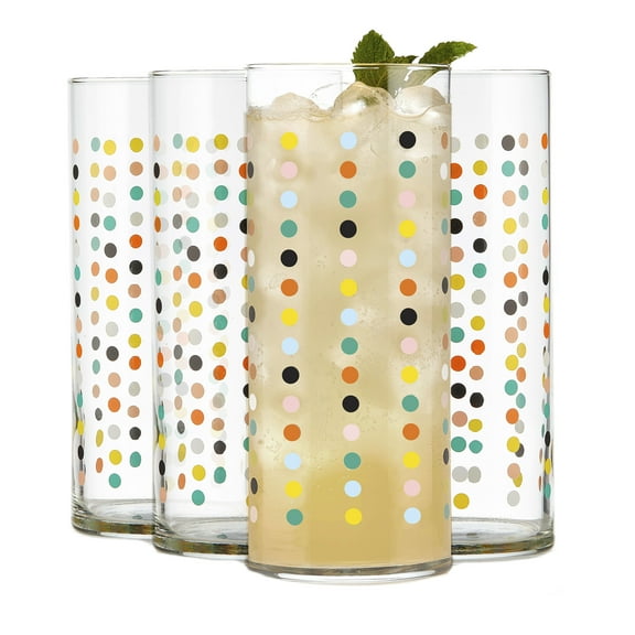 Libbey Vintage Dots Drinking Glasses Set of 4, Colorful, Retro Polka Dot Design Glass Cups Set, Dishwasher Safe Water Glasses Set for Beverages