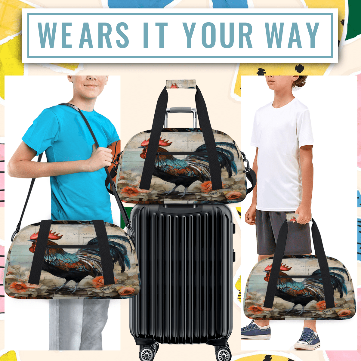 Herdesigns Sports Duffle Bags Travel Duffle Bag Gym Bag Retro Cock Weekender Travel Bag Waterproof Overnight Bag Carry On Travel Tote Bag Dance Bags