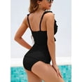 thumbnail image 3 of Charmo Elastic Nylon Female Takini Bathing Suits V Neck Tummy Control Two Piece Swimsuits, Black, 3 of 7