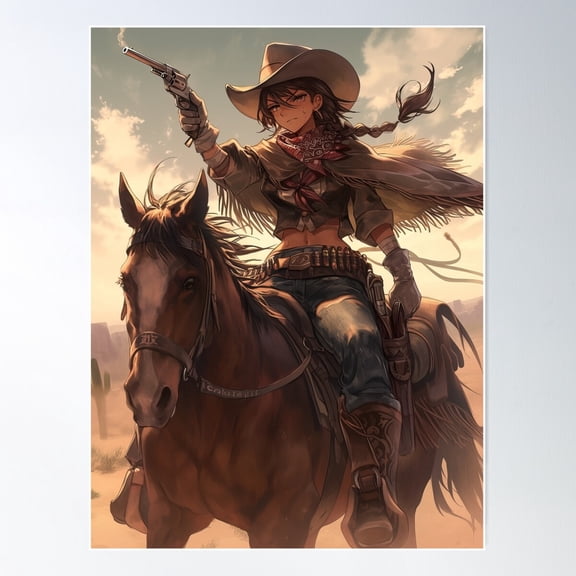 Anime Cowgirl On Horse In The Desert Poster Wall Art, Modern Wall Decor For Living Room Bedroom, 8x12 UNFRAMED