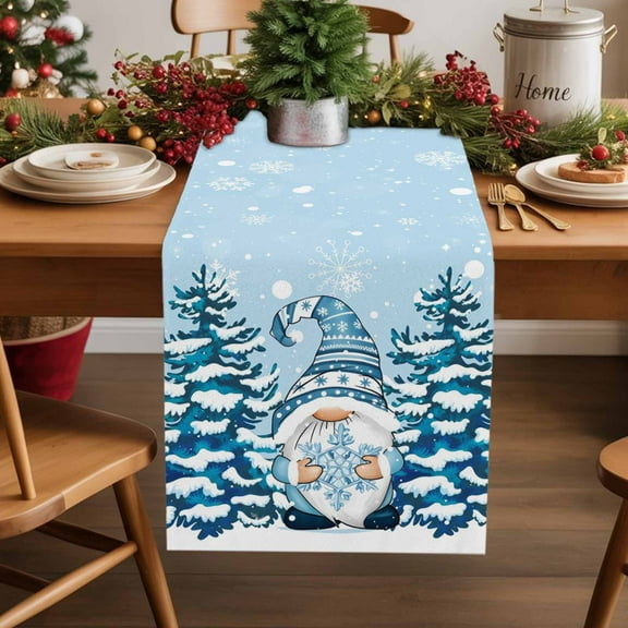 Christmas Table Runner 13x90 Inch Xmas Gnomes Winter Trees Snowflakes Light Blue Table Runners Dresser Scarves Winter Holiday Kitchen Dining Table Decoration for Home Party Indoor