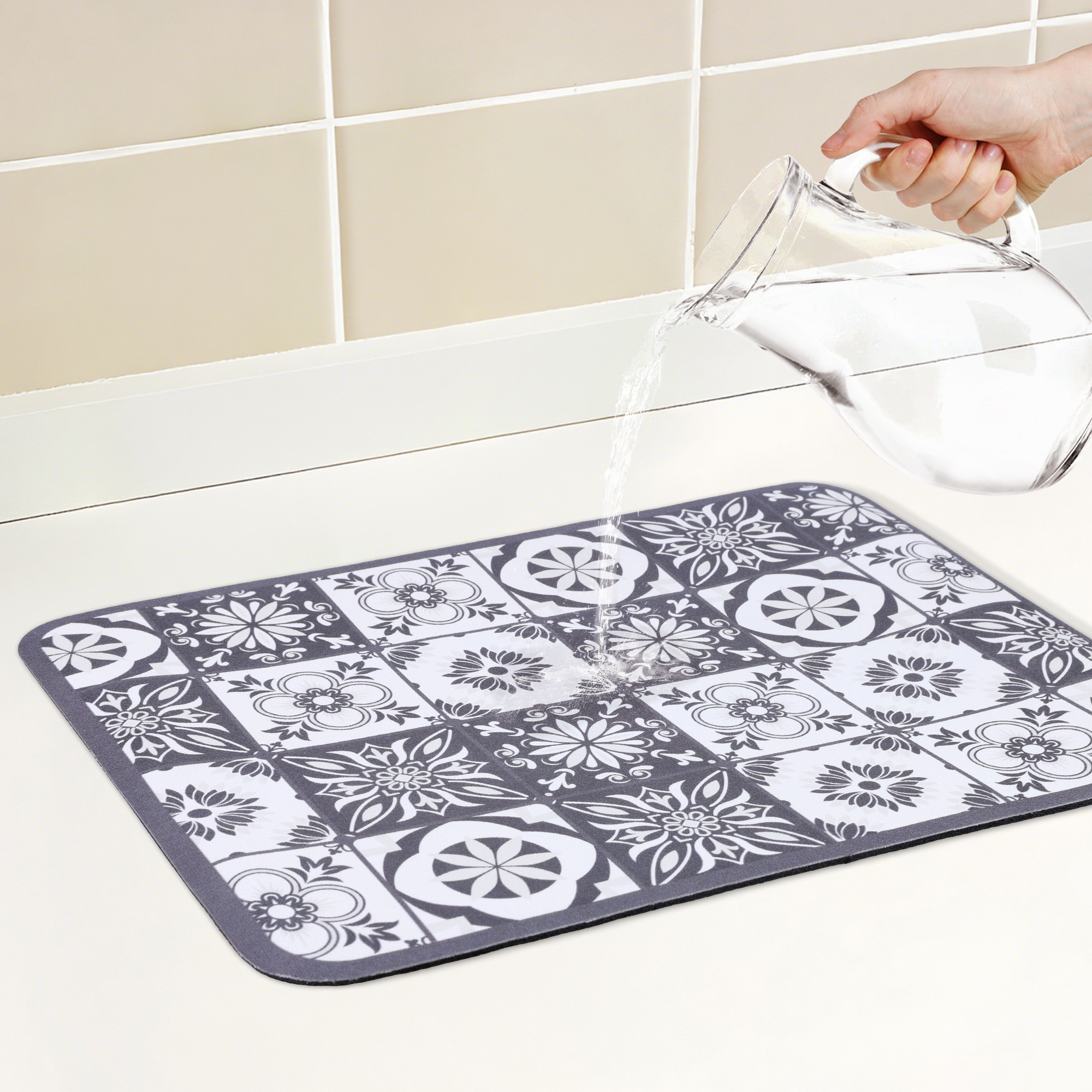 Unique Bargains Floral Design Dish Drying Mat for Dishes and Cups Grey 15.7*11.8 inch