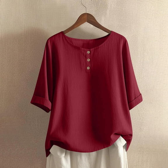 JnLxul Summer Tops for Women Elbow Length Sleeve Scoop Neck Button T-Shirts Casual Loose Lightweight Tops