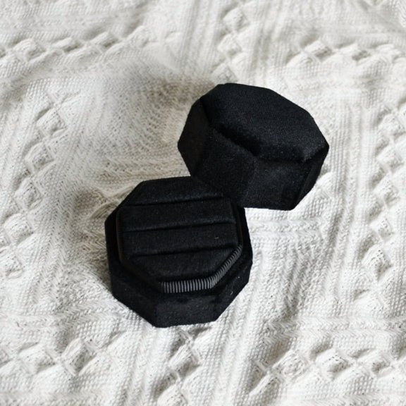 Octagon Velvet 3 Slots Ring Box, Engagement Wedding Keepsake Jewelry Box, for Proposal and Ceremony Display, Black