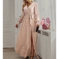 thumbnail image 3 of Vestido largo de mujer con cuello en V fruncido con volantes, manga acampanada, lentejuelas cruzadas, abertura lateral, cintura alta, vestido largo con cinturón, 3 of 6