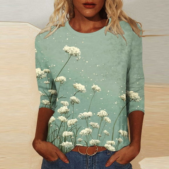 T Shirts for Women Blouse Womens Summer Shirt Woman Shirt Tshirts Women's Women's Tee Shirts Ladies Fashion Printed Round Neck Three Quarter Sleeve 3/4 Sleeve T-Shirt Loose