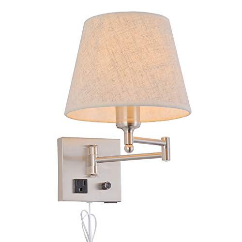 Bedside Wall Mount Light with Dimmable Switch and Outlet, Swing Arm Fabric Shade Wall Sconce Bedside Wall Mount Light with Dimmable Switch and Outlet, Swing Arm Fabric Shade Wall Sconce