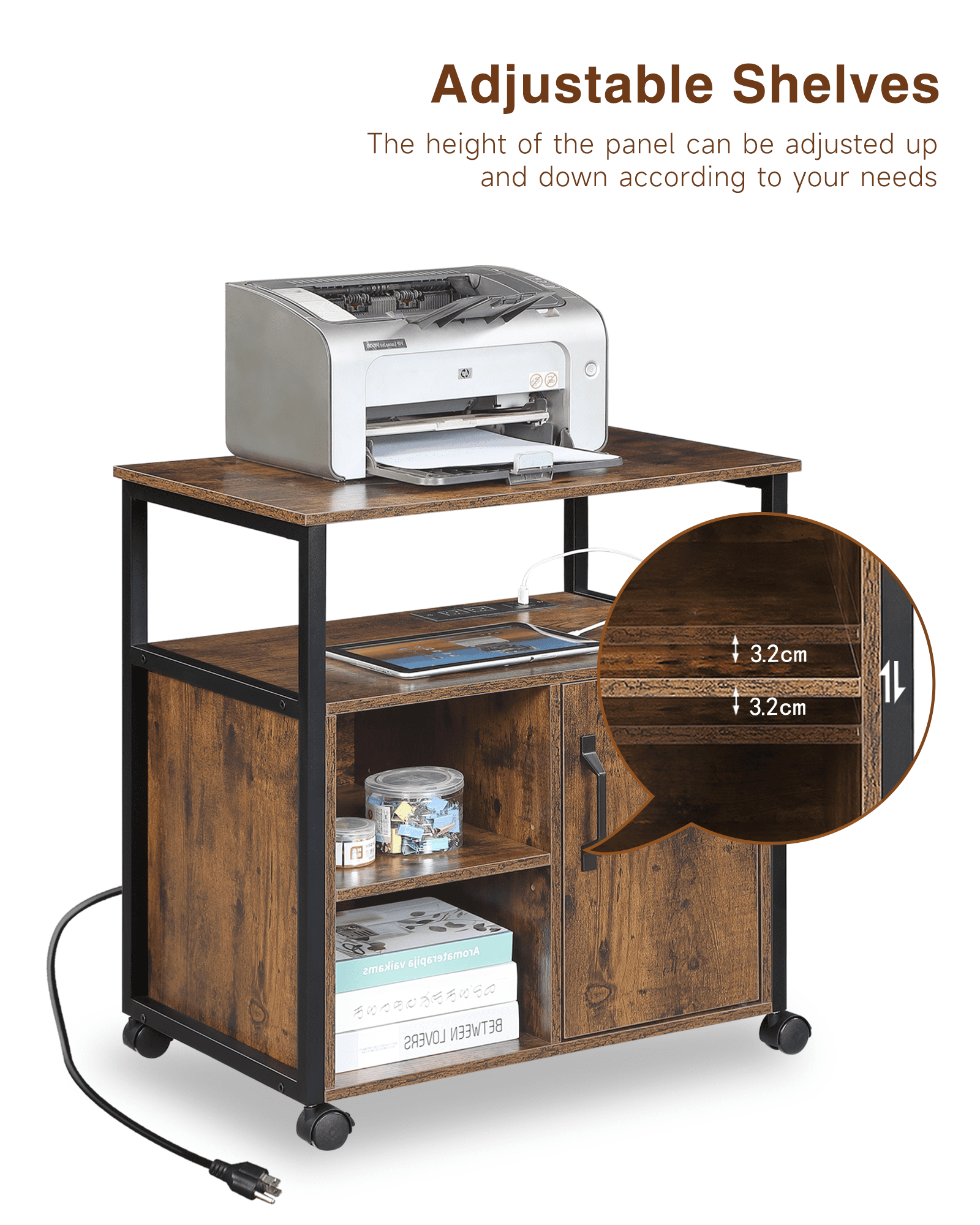 File Cabinet, Office Filing Cabinets with Socket and USB Charging Port, Printer Stand with Storage for A4, Letter Size,Metal Side Frame, Easy Installationfor Home Office