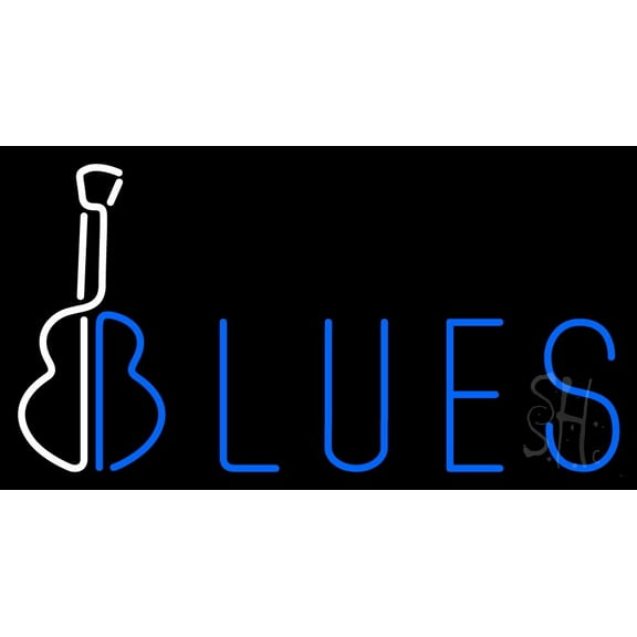 Blues With Guitar LED Neon Sign 20" Tall x 37" Wide - inches Black Square Cut Acrylic Backing, with Dimmer - Premium built indoor Sign for Studio, Club, Home décor, Event, Workshop, Storefront.