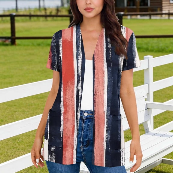Zivyakyron Short Sleeve Cardigan for Women Summer Striped Casual Tops for Women Retro Open Front with Pocket Loose Tops