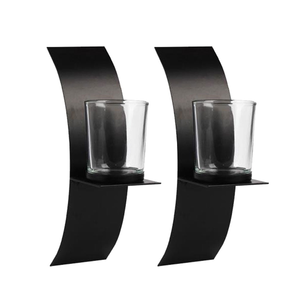 Modern Art Decor Curved Black Candle Holder for Home Living Room Decoration 2Pcs Wall Candle Holder with Glass Cups & Screws 