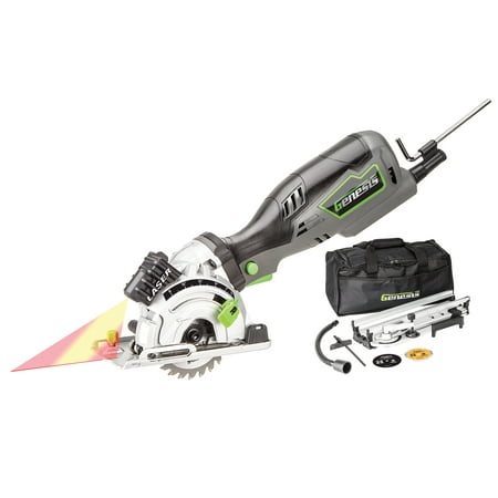 

Genesis 3-1/2 in. Plunge Circular Saw Kit with Laser Accessory Bag Rip Guide Miter Base Vacuum Adapter Diamond Blade 44T and 24T blades