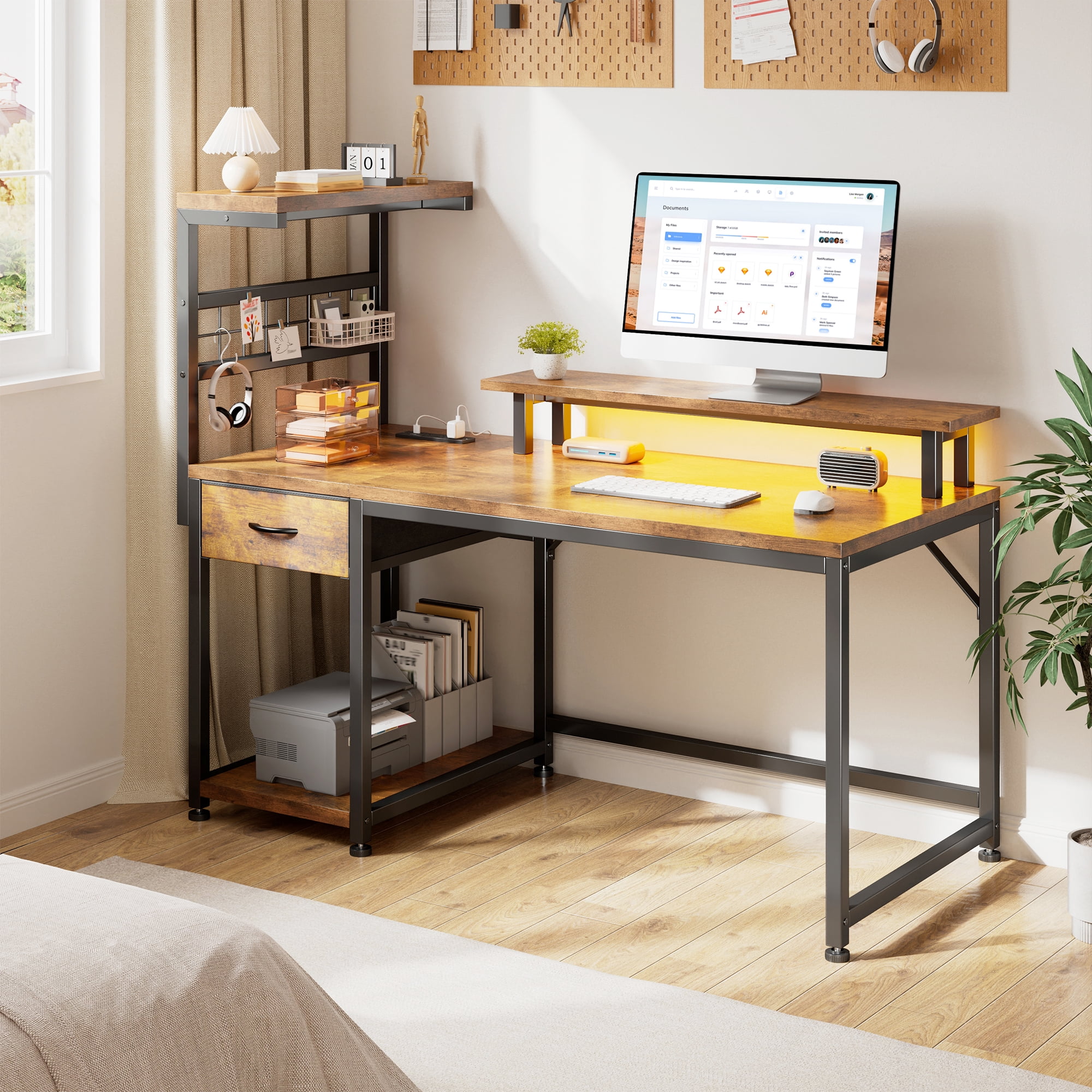 EnHomee 39.4" W Computer Desk with Power Outlets and LED Lights, Rustic Brown Gaming Desk with Drawers, Home Office Desk with Monitor Stand